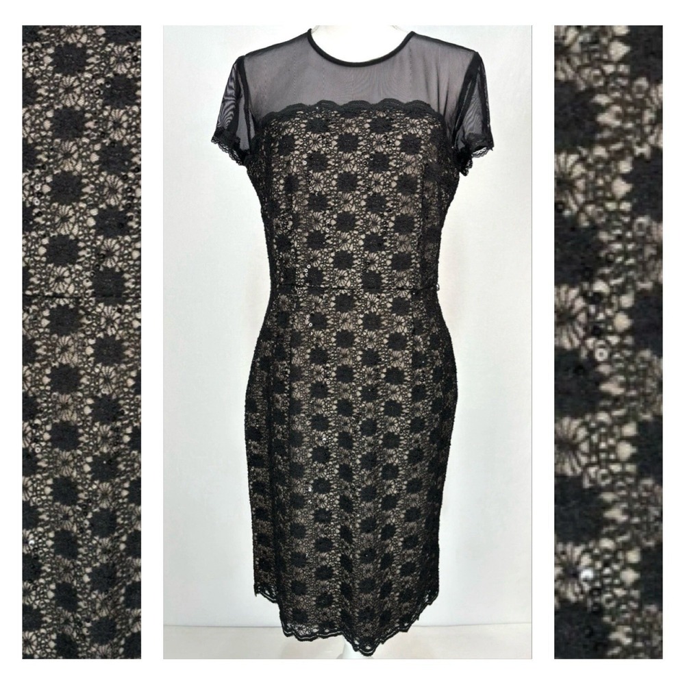 Alex Evenings Black/Nude Sequin Lace Knee Length Formal Cocktail Dress Size 10